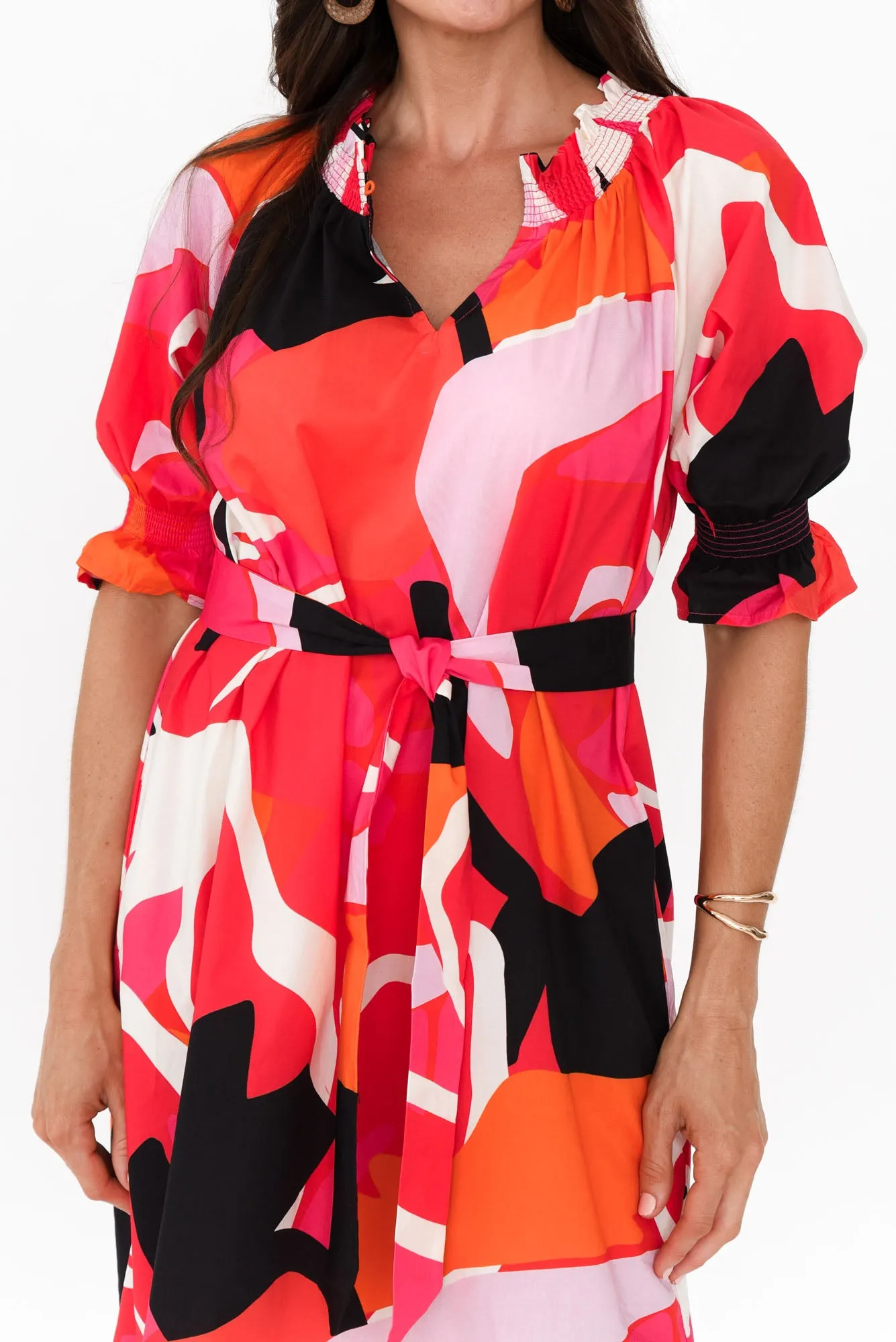 Shirr Pink Abstract Cotton Dress