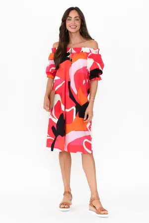 Shirr Pink Abstract Cotton Dress