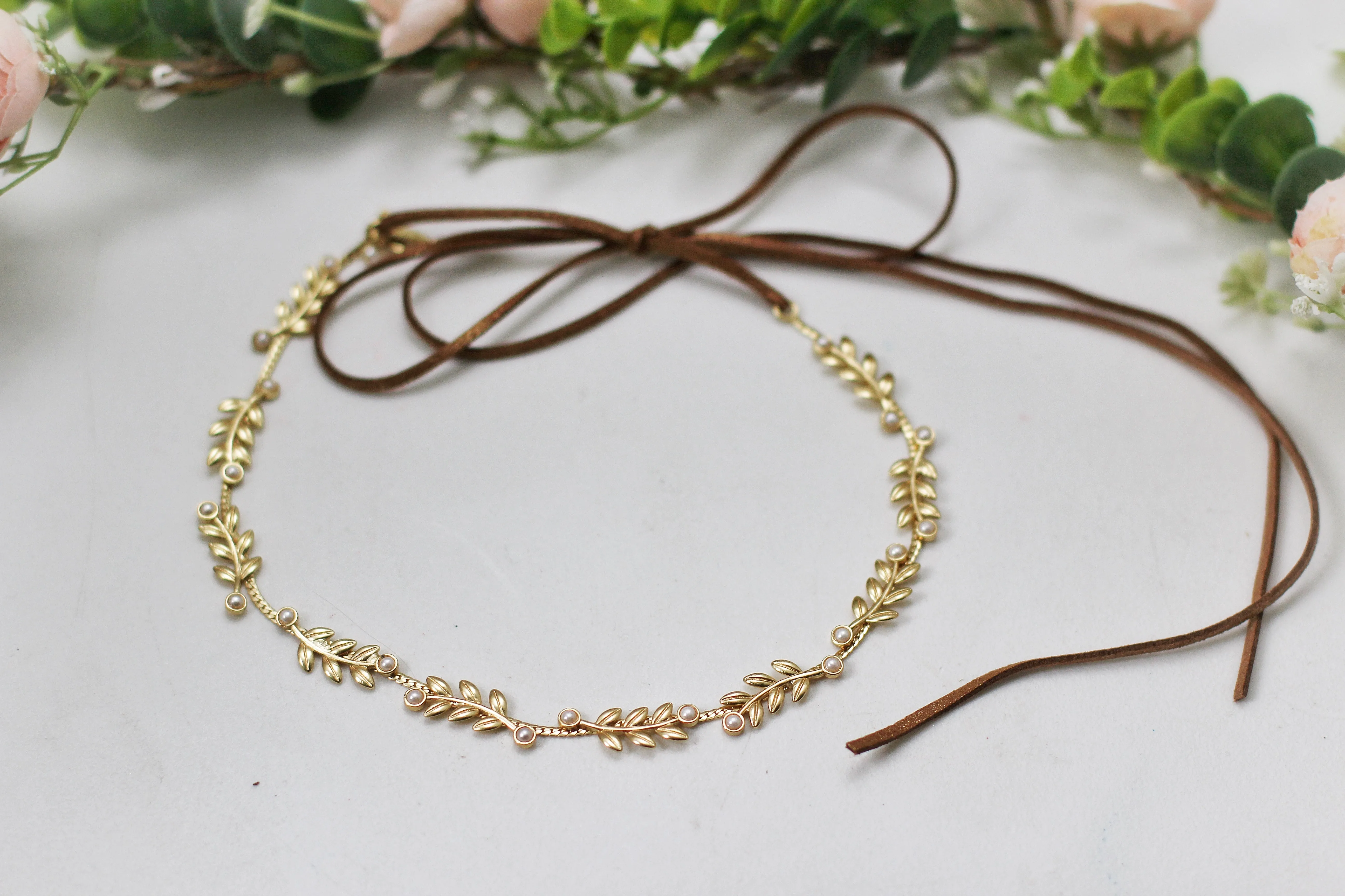 Stems Leaves and Pearls Wreath / Hair Chain