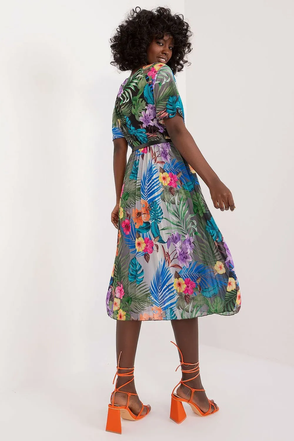 TEEK - Pleated Flowers Belted Dress