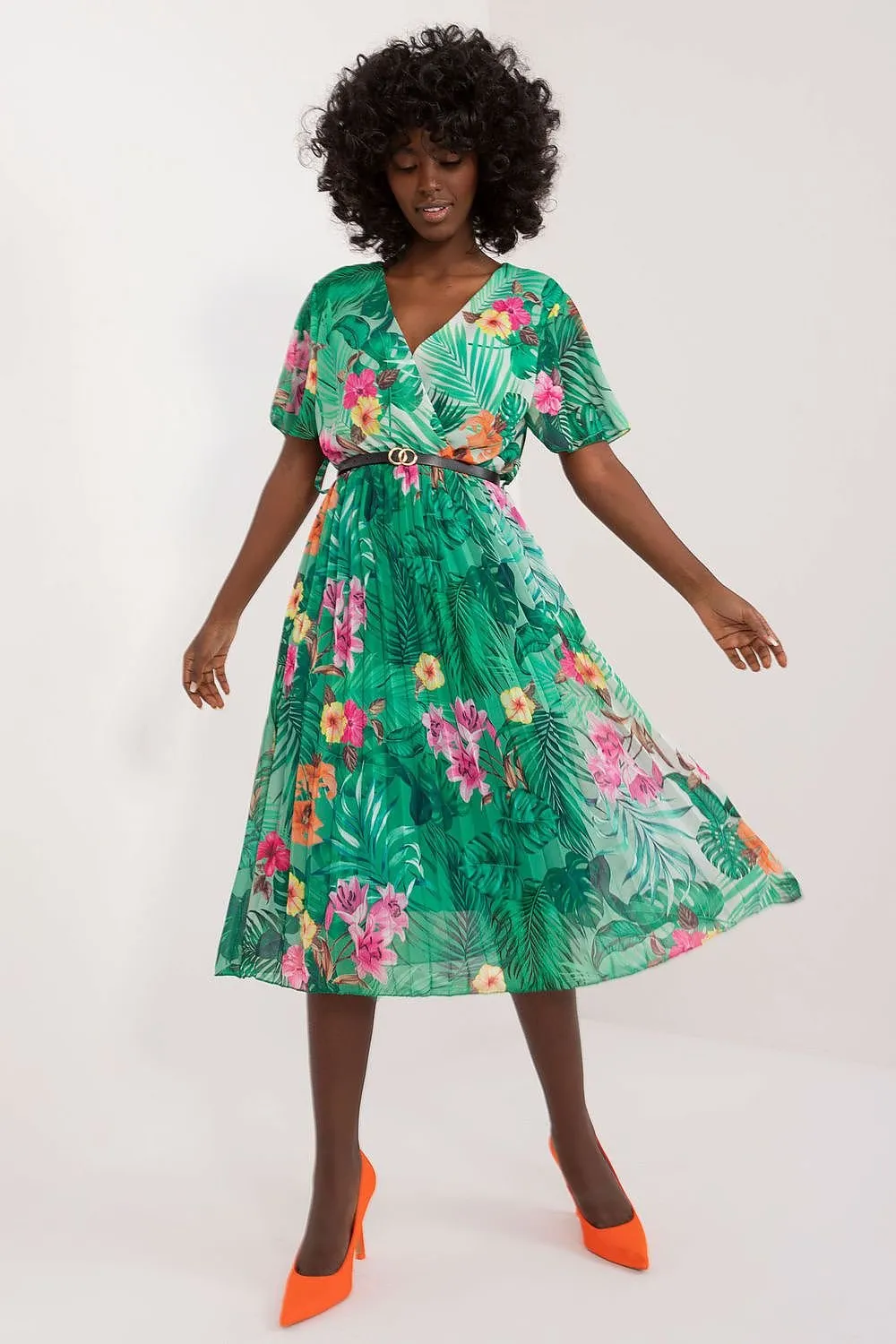 TEEK - Pleated Flowers Belted Dress