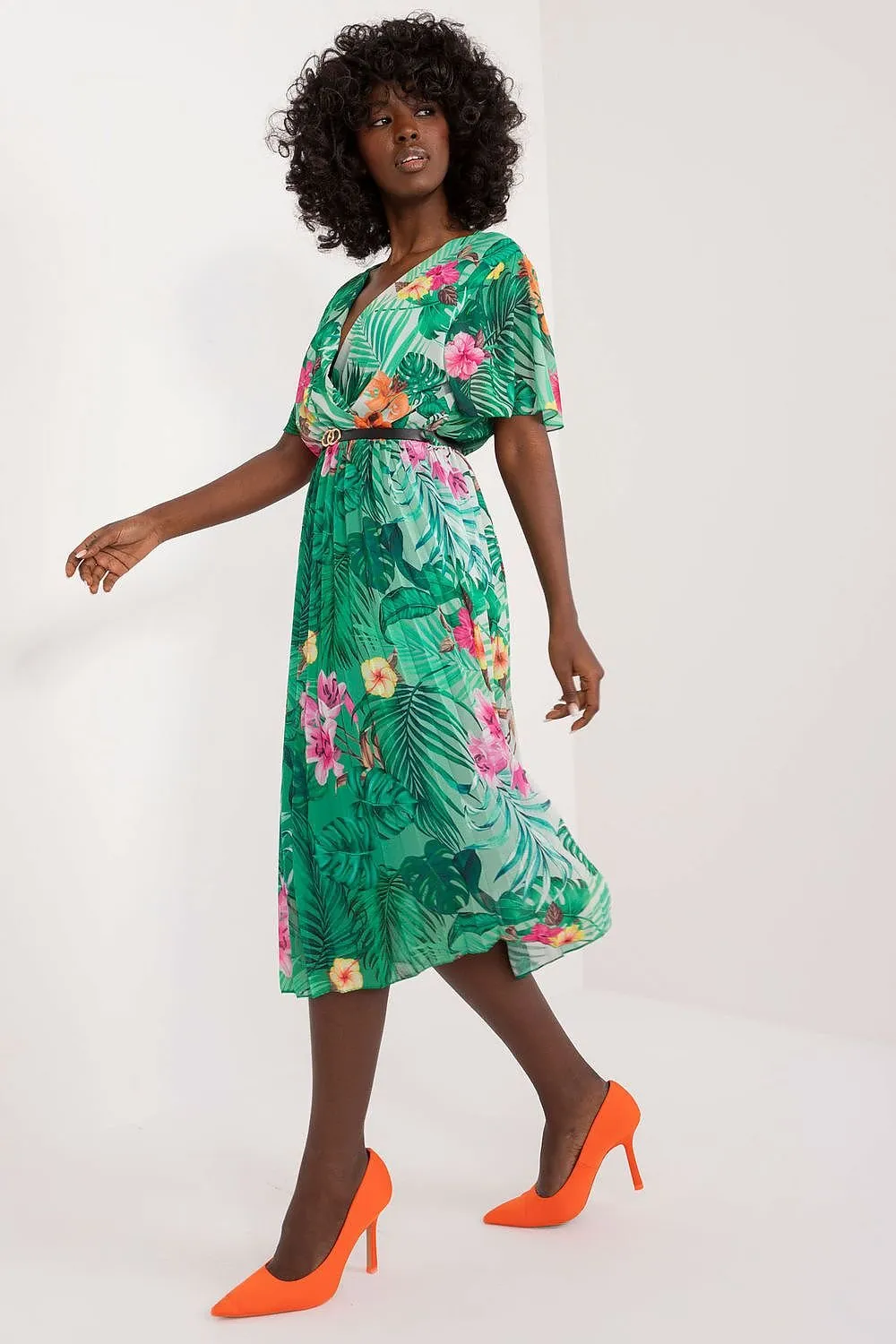 TEEK - Pleated Flowers Belted Dress