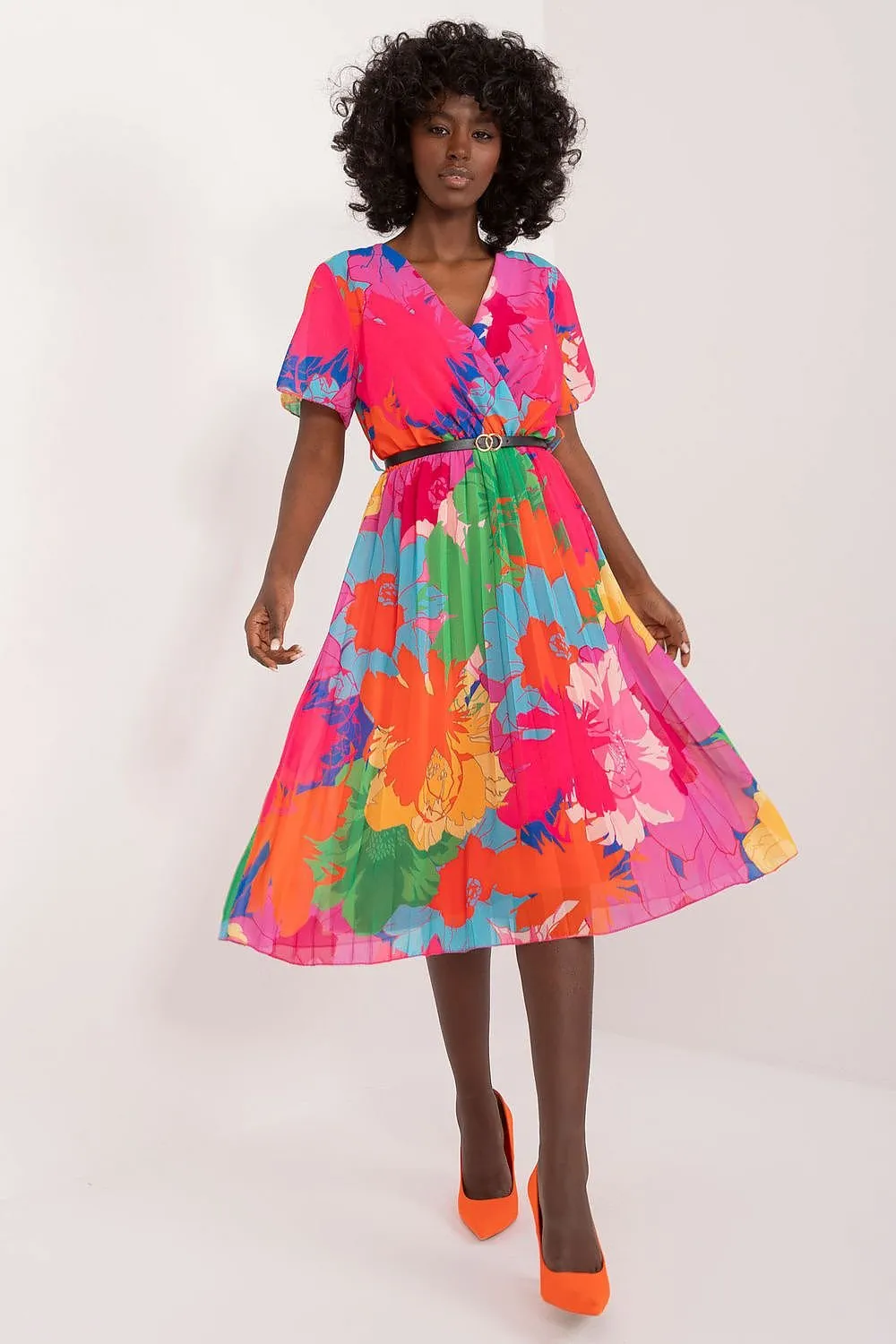 TEEK - Pleated Flowers Belted Dress