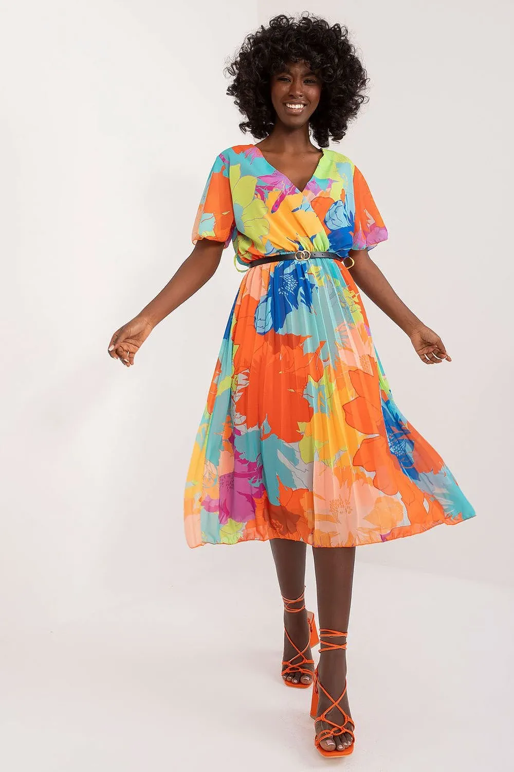 TEEK - Pleated Flowers Belted Dress