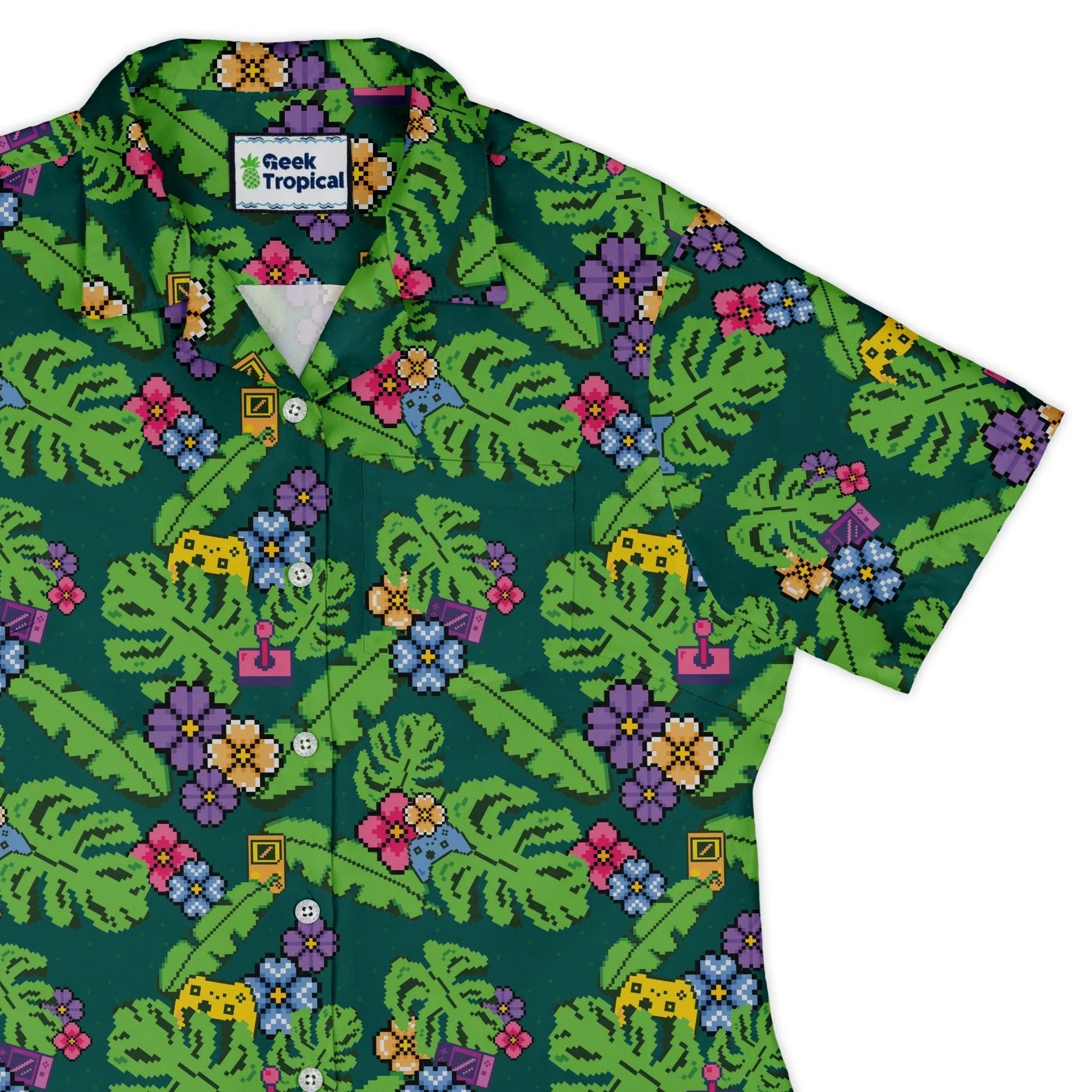 Tropical Video Game Pixels Curvy Button Up Shirt